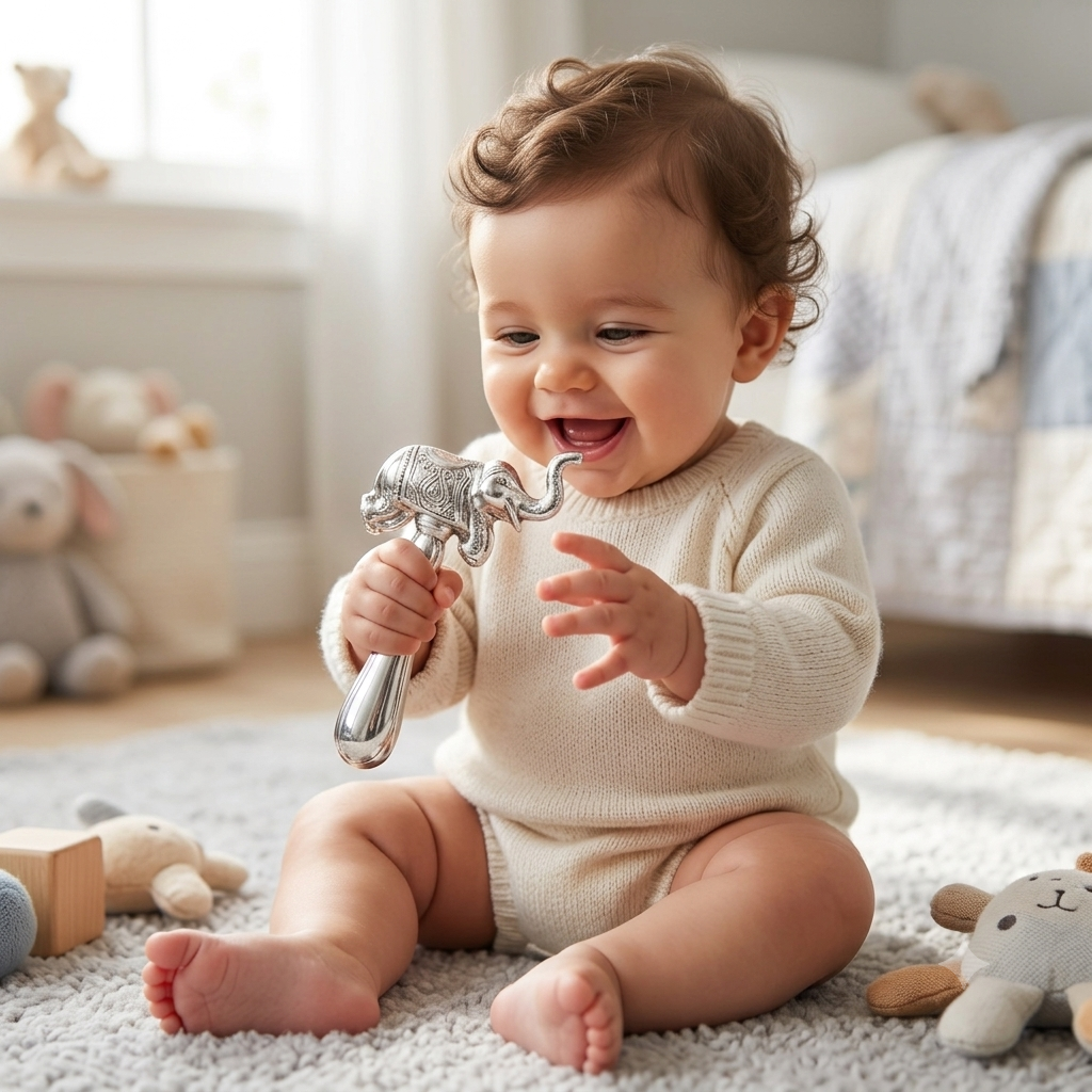 Silver Elephant Baby Rattle