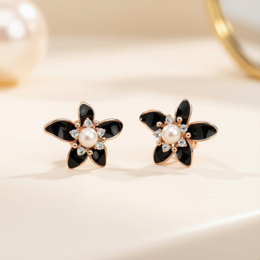 Black Flower Pearl Stud Earrings