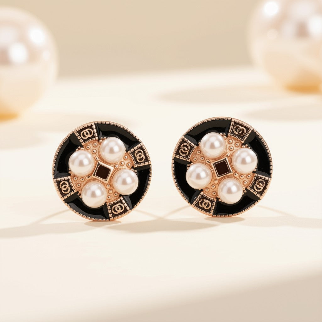 Elegant Pearl & Black Stone Earrings