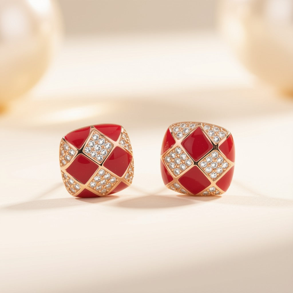 Red & Gold Mosaic Stud Earrings