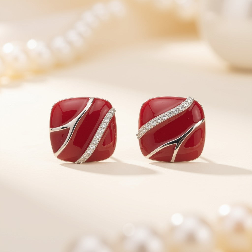Red Enamel Square Earrings