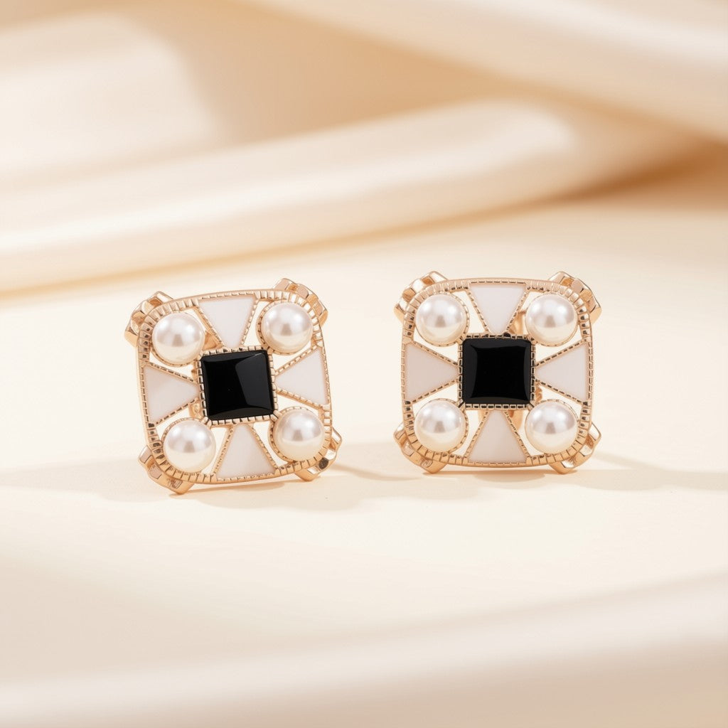 Elegant Pearl & Black Stone Earrings
