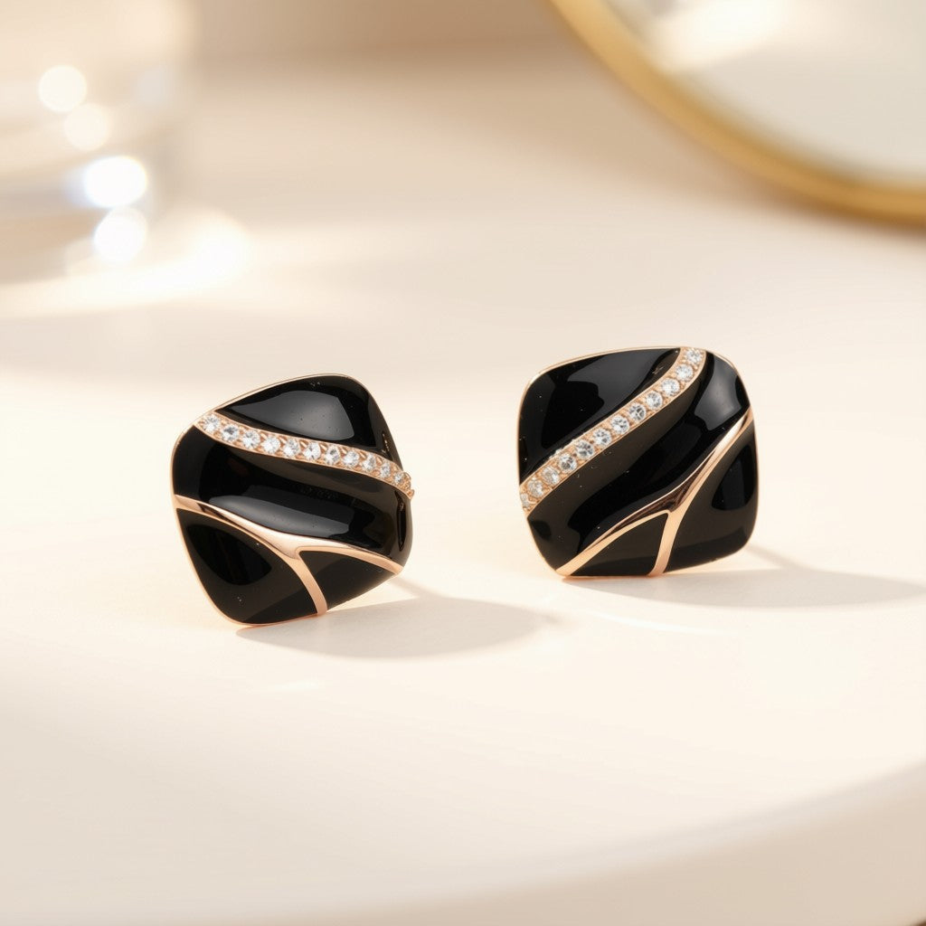 Elegant Black Enamel Stud Earrings