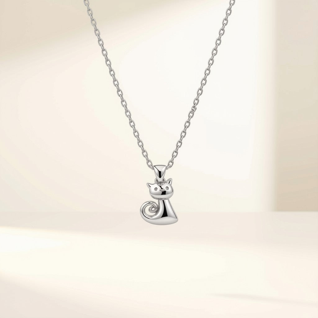 Silver Cat Charm Pendant Necklace